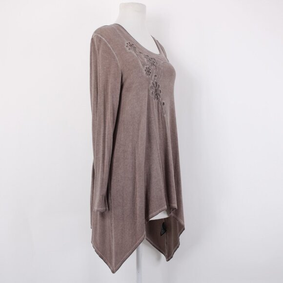 Charlie Paige Top Sz S/M Brown Floral Asymmetrical Tunic Rayon Spandex Top - Picture 6 of 13